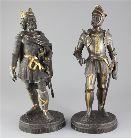 A pair of 19th century French parcel gilt bronze figures, height 15in.